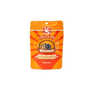 Orange pouch labeled Gecko Diet with Apricot by Pangea, featuring a gecko mascot and “nutritious complete diet” claim.