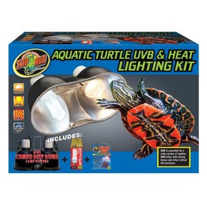 Aquatic turtle UVB and heat lighting kit box featuring a turtle and a lamp illustration.