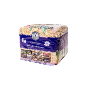 Bag of sphagnum moss labeled Super Moss with a purple band and plant photos on the packaging.