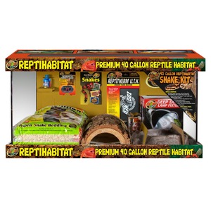 Premium 40-gallon reptile habitat kit with bedding, hide, lighting and accessories.