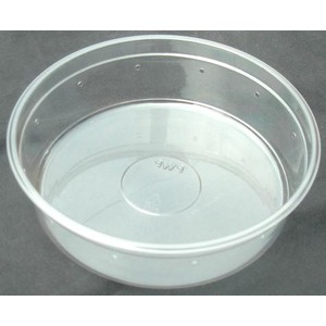 Shallow, reflective metal bowl with rounded sides and small holes along the rim.