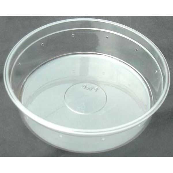 Shallow, reflective metal bowl with rounded sides and small holes along the rim.