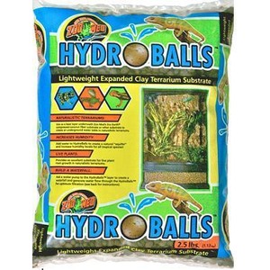 Hydro Balls bag of lightweight expanded clay terrarium substrate with reptile graphics and terrarium photo.