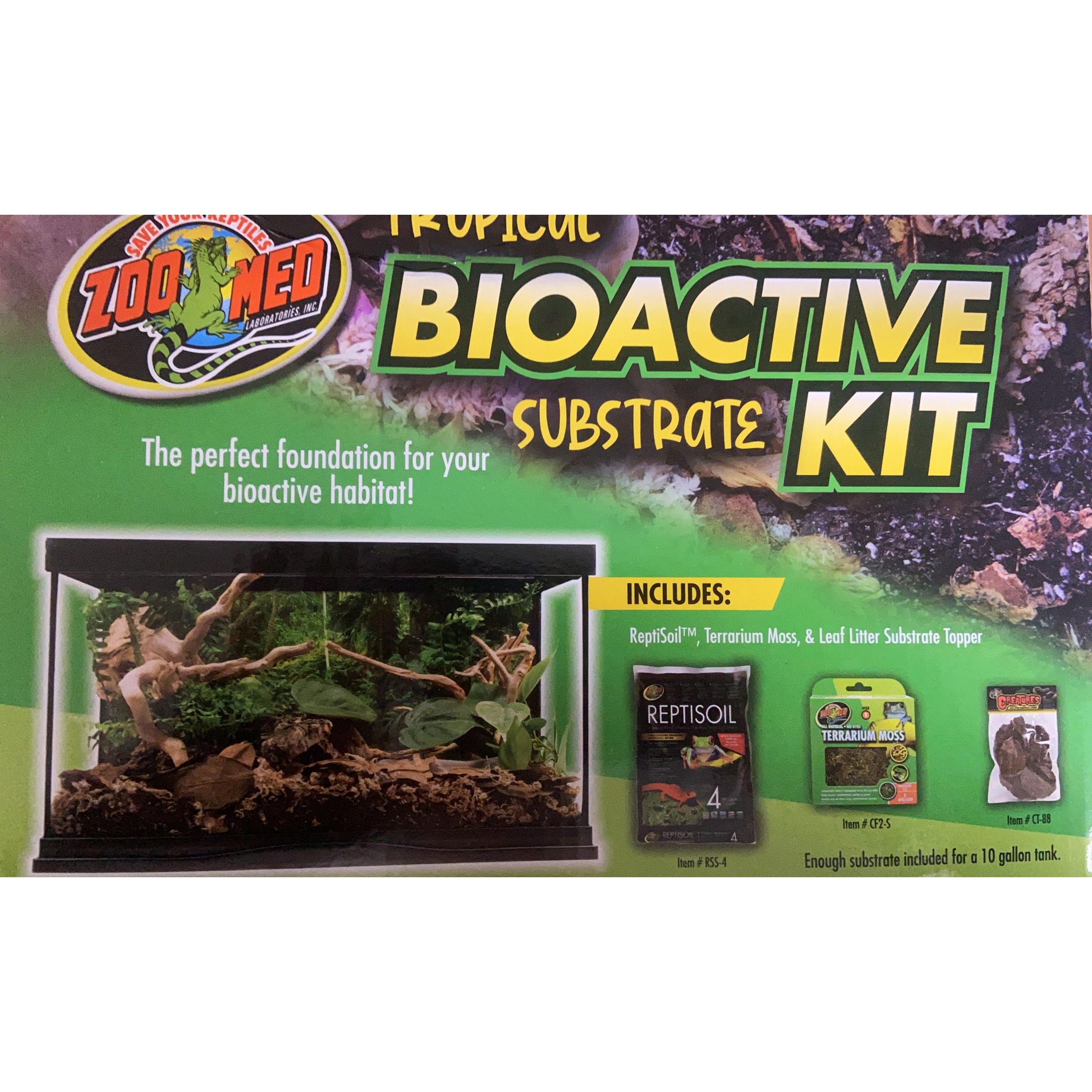 Zoo Med Bioactive Substrate Kit packaging with terrarium scene and ReptiSoil, terrarium moss, and leaf litter topper products.