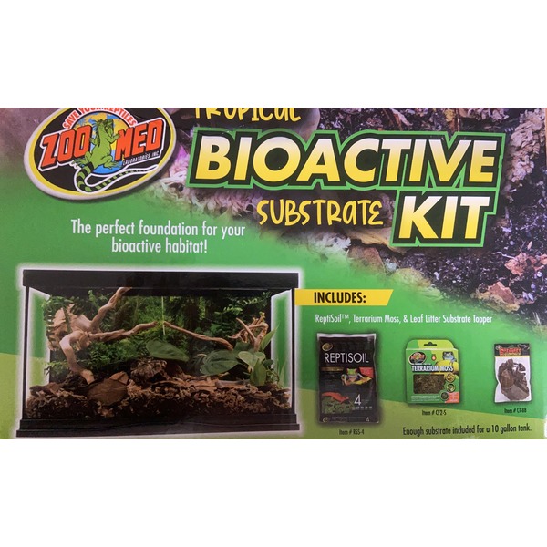 Zoo Med Bioactive Substrate Kit packaging with terrarium scene and ReptiSoil, terrarium moss, and leaf litter topper products.