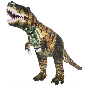 A stuffed Tyrannosaurus rex toy with open jaws, standing on two legs and green-brown striped body.