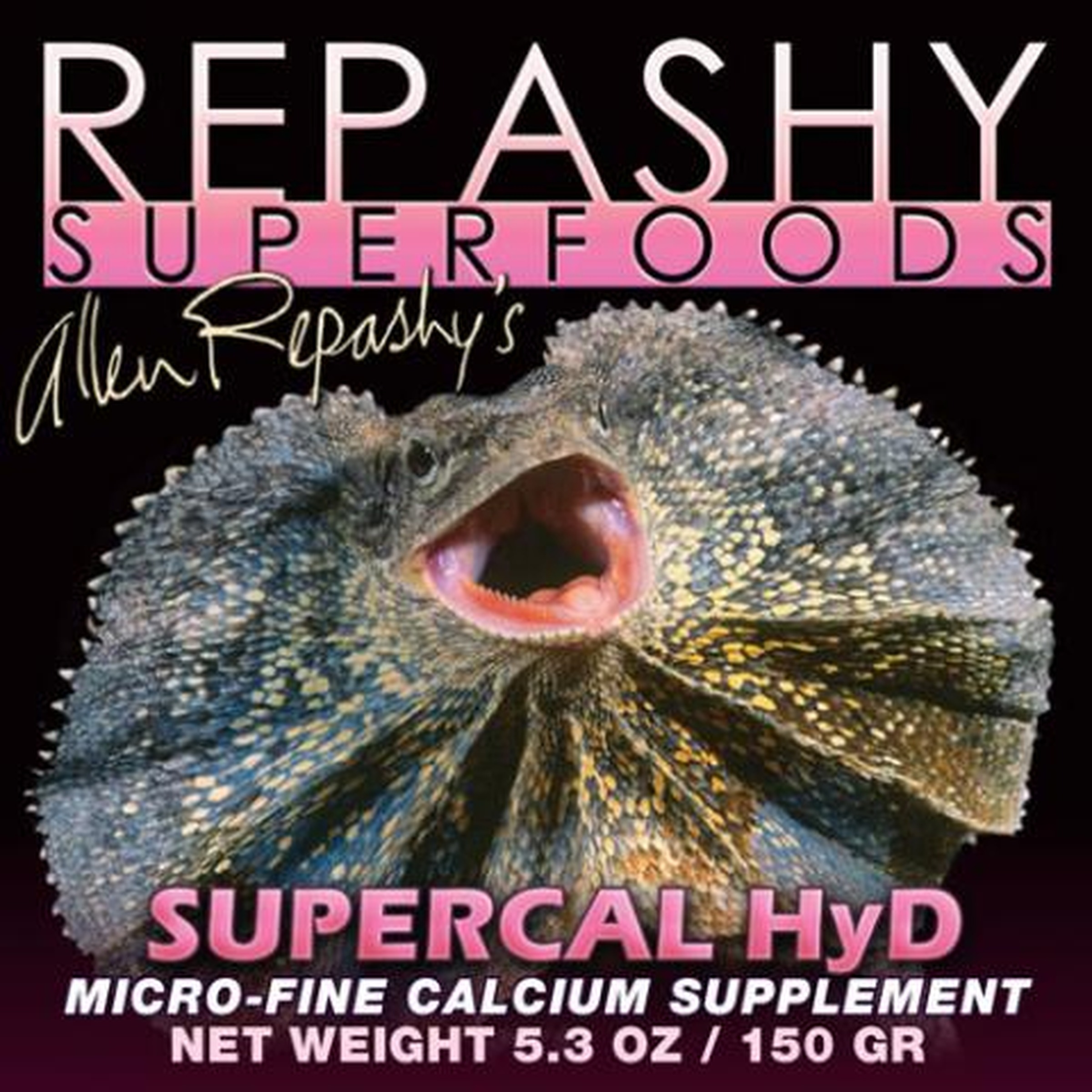 Close-up of a colorful fish with mouth open, on a black label reading Repashy Superfoods and SUPERCAL HyD.