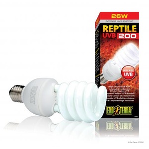 Spiral UVB reptile lamp beside its black–red box reading Reptile UVB 200, 26W, intense output.