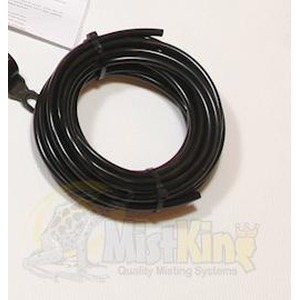 Coiled black power cable with plug on a white surface.