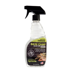 Spray bottle with black nozzle; label reads Base Camp Glass and Surface Cleaner, made with vinegar.