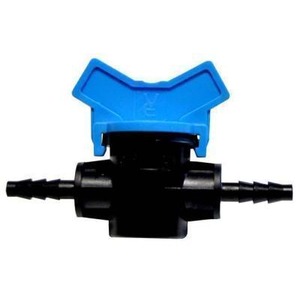 Black inline valve with blue butterfly handle and barbed hose connectors