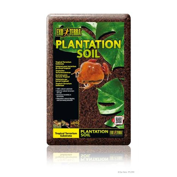 Exo Terra Plantation Soil substrate bag with orange frog image and tropical green leaves.
