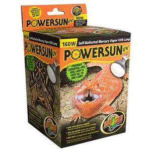 Powersun UV 160W self-ballasted lamp packaging featuring a bearded dragon on the front.