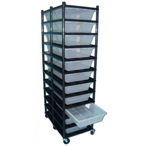 Tall black rolling cart with multiple clear plastic bins on shelves and a pull-out tray at the bottom.