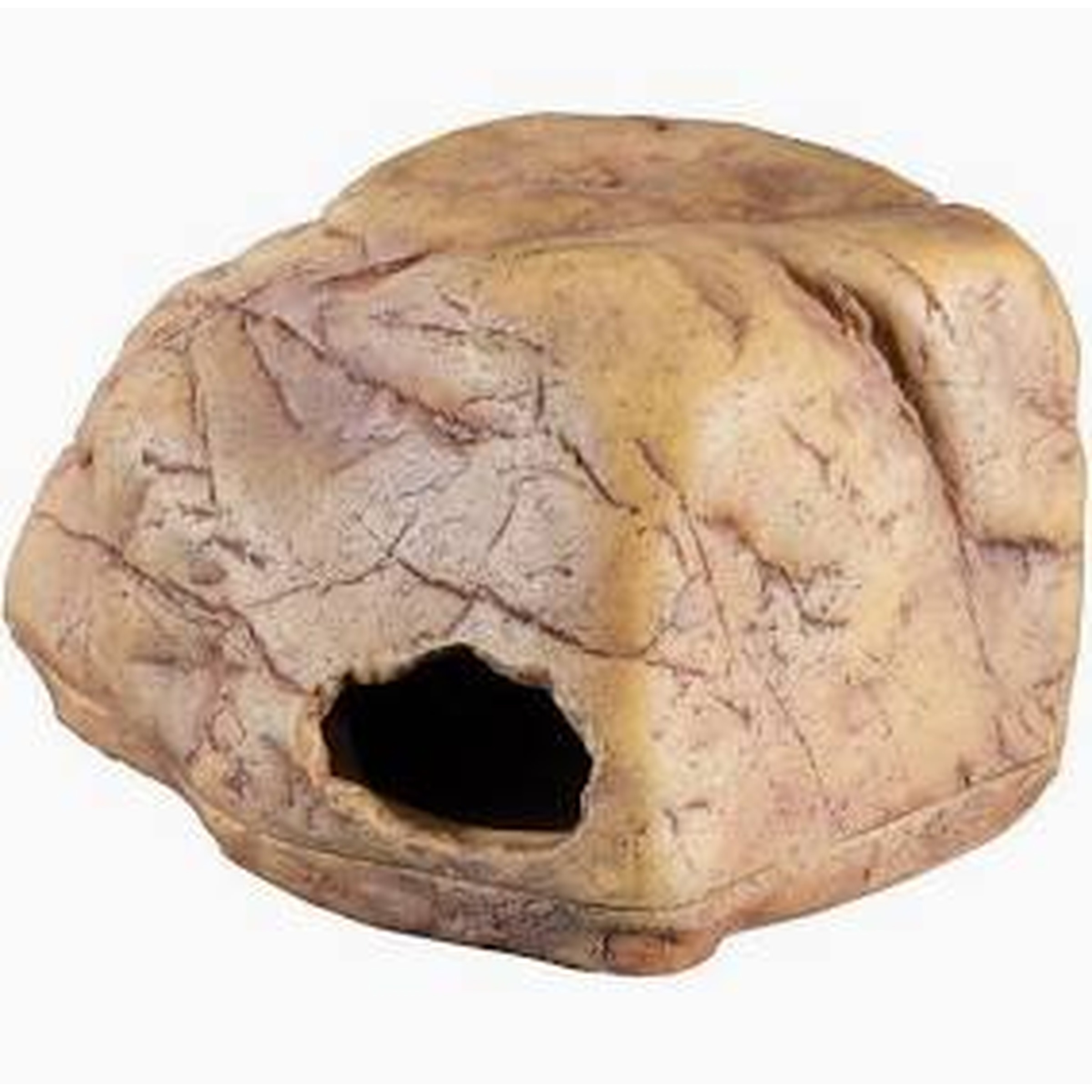 Rounded beige rock with a dark hollow hole on its side.