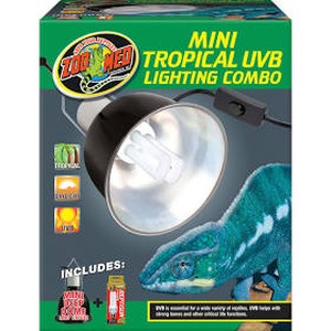Mini tropical UVB lighting combo with reflector, featuring a bright lamp and a green lizard.