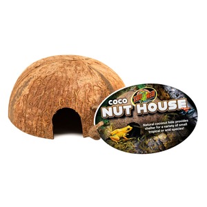 Coconut shell house with an oval label reading “Coco Nut House” and tropical imagery.