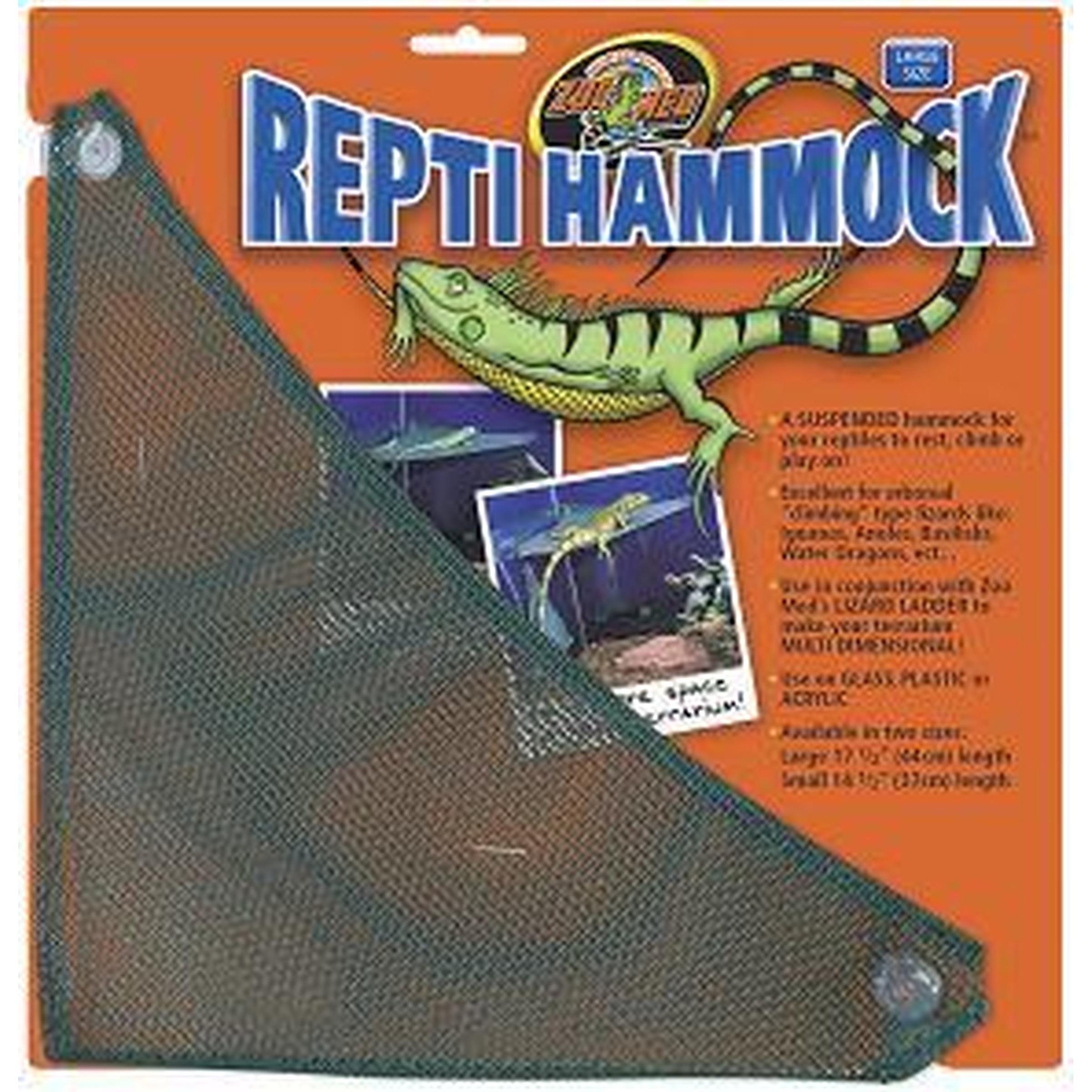 Repti Hammock reptile mesh hammock in orange packaging with a green lizard graphic.