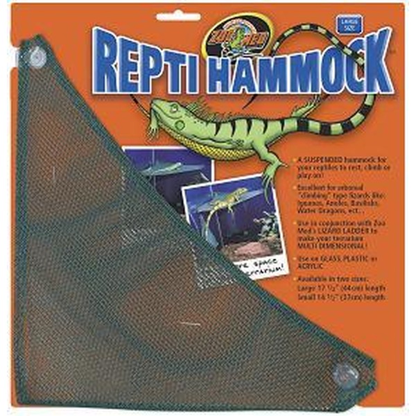 Repti Hammock reptile mesh hammock in orange packaging with a green lizard graphic.