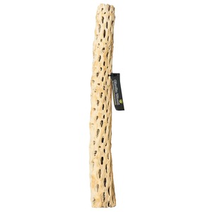 Long beige hollow chew stick covered in holes with a black brand tag.