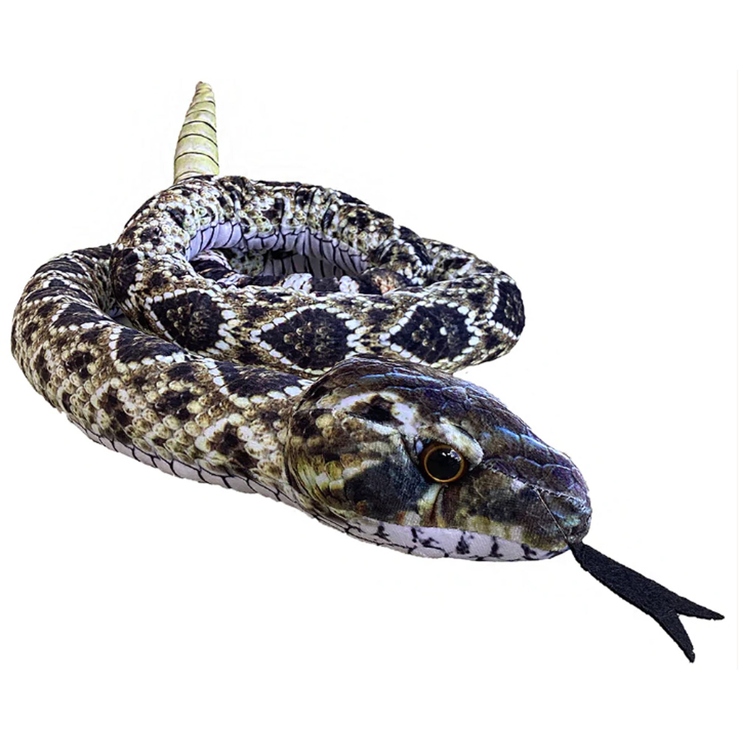 Coiled rattlesnake with diamond-patterned scales and a raised tail, tongue extended.