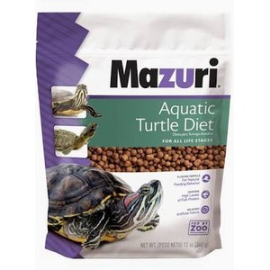 Mazuri Aquatic Turtle Diet bag with turtles and brown pellet food on front.