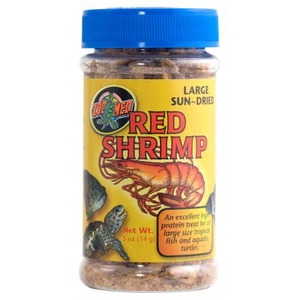 Jar of large sun-dried red shrimp bait with a blue lid and yellow label featuring a shrimp illustration.