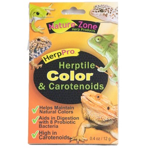Nature Zone Herp Pro packaging showing multiple reptiles (bearded dragon, frogs) and bold “Herptile Color & Carotenoids” text.