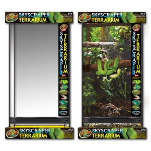 Two Skyscraper Terrarium packages: one empty clear terrarium, the other a lush, plant-filled tropical enclosure.