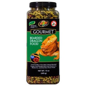 Gourmet Bearded Dragon Food bottle featuring an orange bearded dragon and pellet mix on the label.