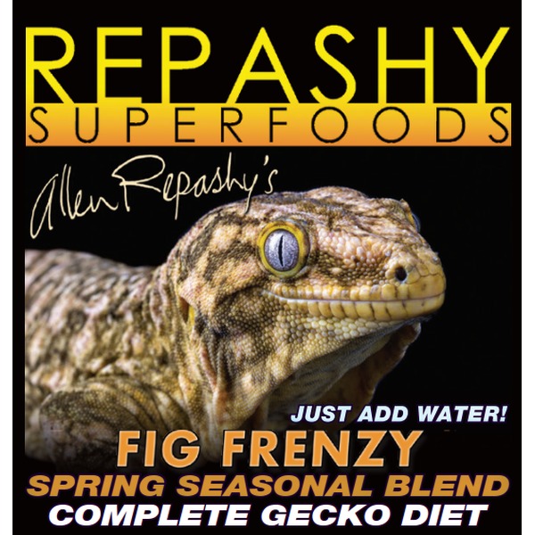 Close-up of a gecko against a product label reading Repashy Superfoods and Fig Frenzy Complete Gecko Diet.