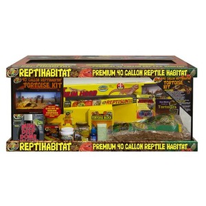 Premium 40 gallon reptile habitat kit box displaying reptile supplies and tortoise block components.