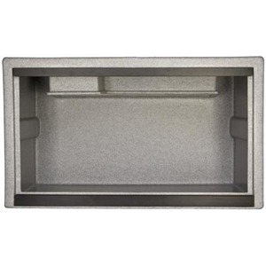 Open, empty freezer interior with a small metal wire rack near the top.