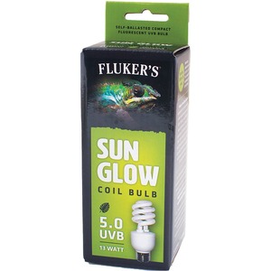 Fluker’s Sun Glow UVB lamp box with green label, lizard image, 13W, 5.0 UVB coil bulb