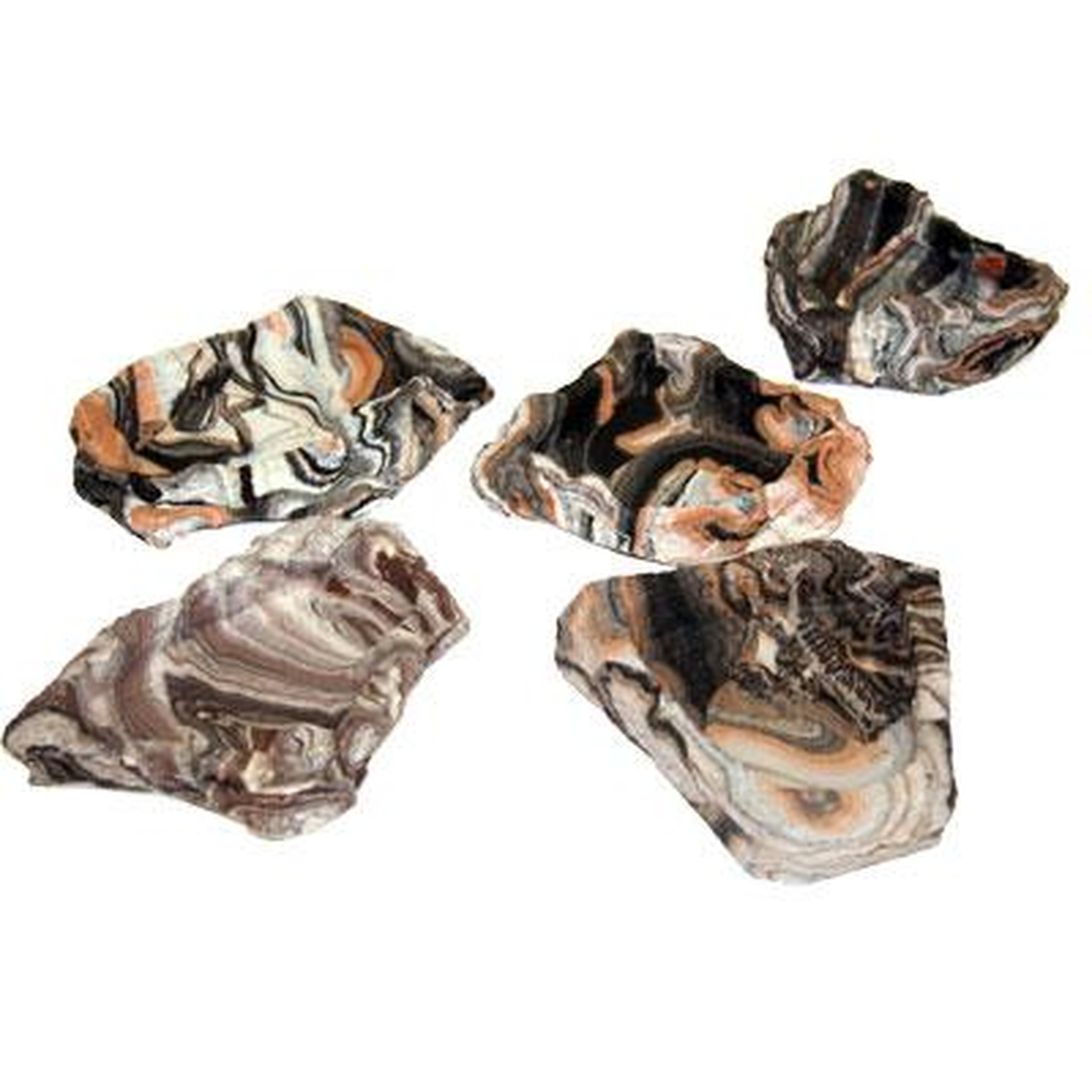 Five irregular marbled rocks with swirled black, white, gray, and orange patterns.