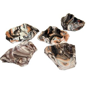 Five irregular marbled rocks with swirled black, white, gray, and orange patterns.
