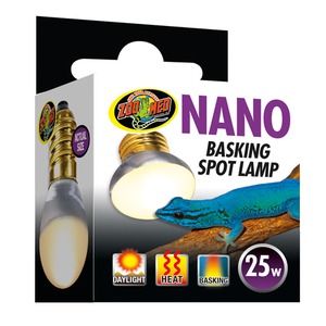 Nano basking spot lamp packaging featuring a blue gecko and glowing bulb, 25W, with day, heat, and basking icons.
