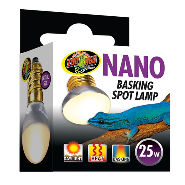 Nano basking spot lamp packaging featuring a blue gecko and glowing bulb, 25W, with day, heat, and basking icons.