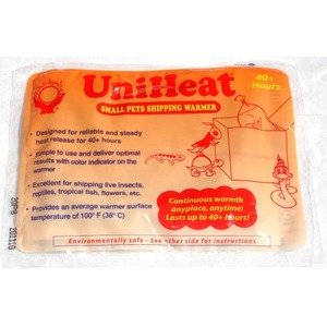 Orange UniHeat small pet warmer package with a warming box and cartoon pets; continuous warmth up to 40+ hours