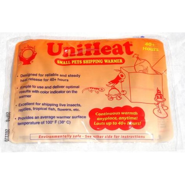 Orange UniHeat small pet warmer package with a warming box and cartoon pets; continuous warmth up to 40+ hours