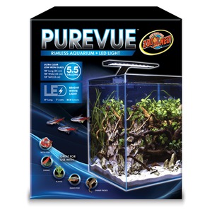 PureVUE rimless aquarium LED light 5.5 gallons over a planted fish tank with rocks and driftwood.