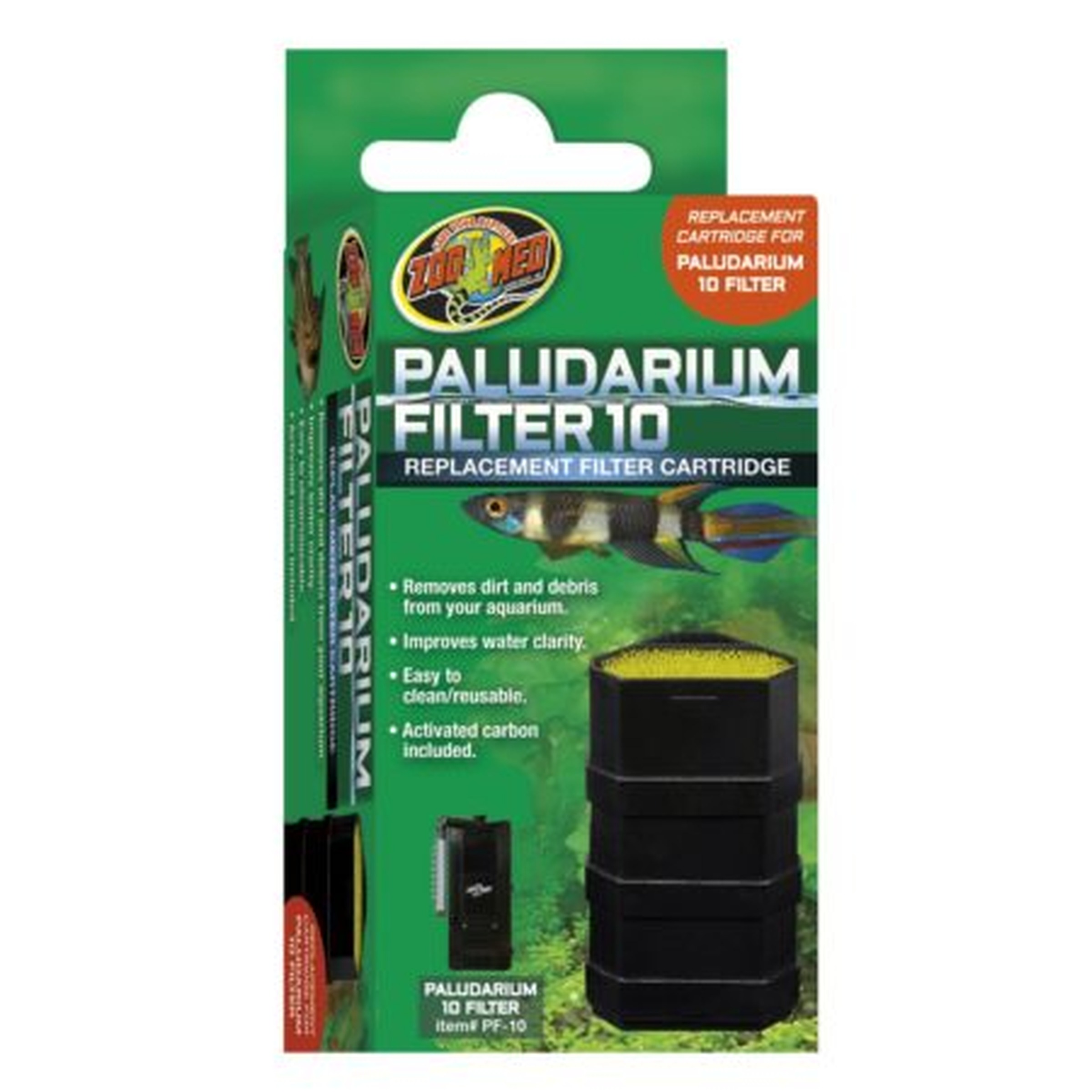 Green Palladium Filter 10 replacement cartridge package with stacked black filter and aquarium fish graphic.