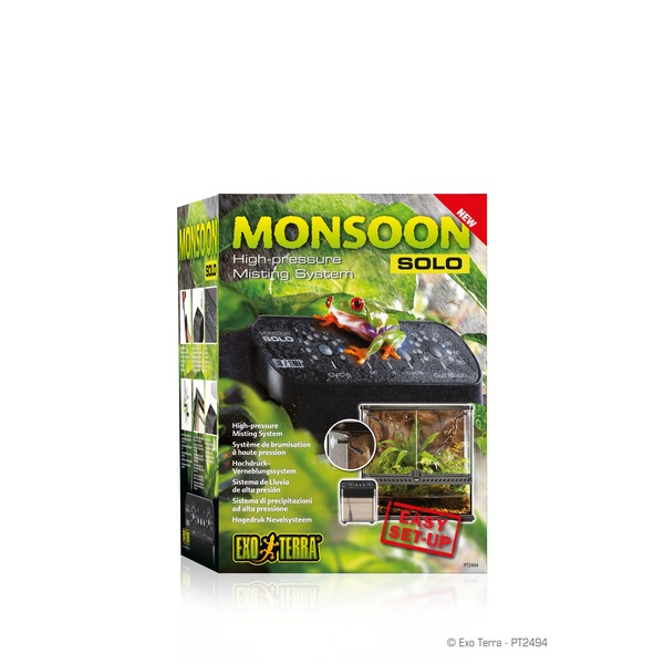 Monsoon Solo high-pressure misting system box featuring a frog on the control unit amid lush greenery.