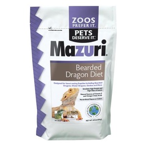 Mazuri Bearded Dragon Diet pet food bag featuring a bearded dragon image and product badge.