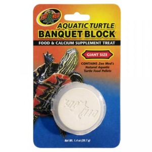 Banquet Block aquatic turtle food pellet in packaging with turtle images.