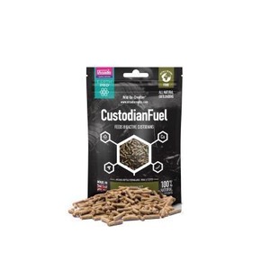 CustodianFuel bag with hexagonal graphic and scattered pellet treats in front.