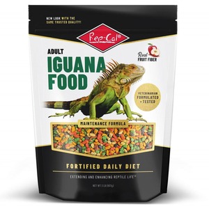 Rep-Cal adult iguana food bag with colorful pellets, iguana image, maintenance formula, fortified daily diet.