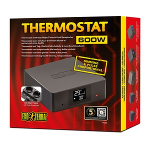 Thermostat device with a digital display and 600W label, on a red and black package highlighting dimming and pulse proportional features.