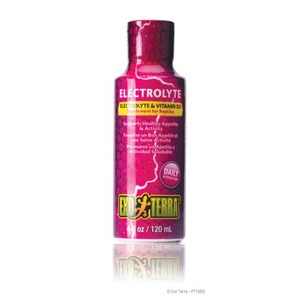 Bright pink bottle labeled Electrolyte & Vitamin D3 electrolyte supplement for reptiles, promoting appetite and activity.