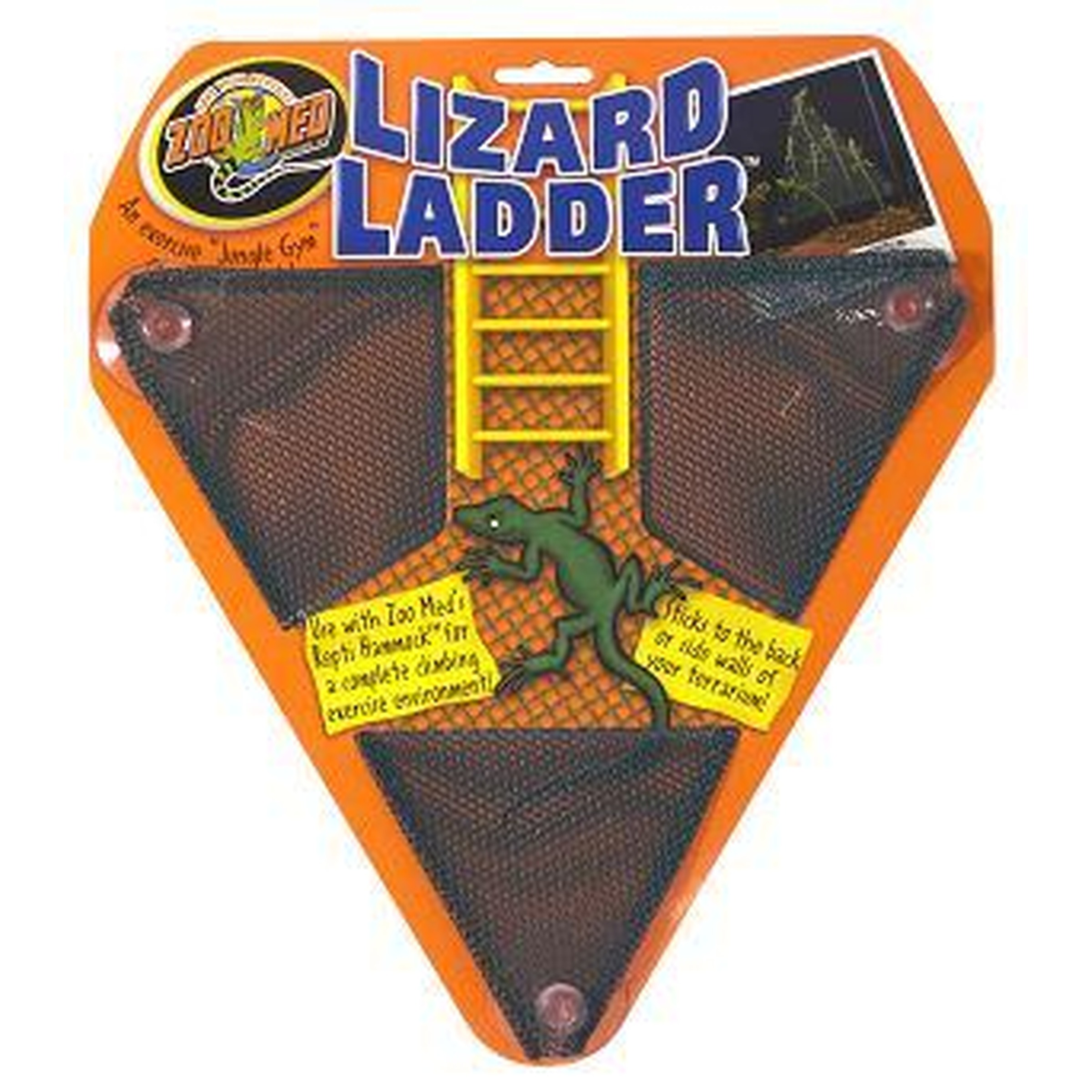 Orange triangular toy packaging labeled LIZARD LADDER with a yellow ladder and a cartoon green lizard.